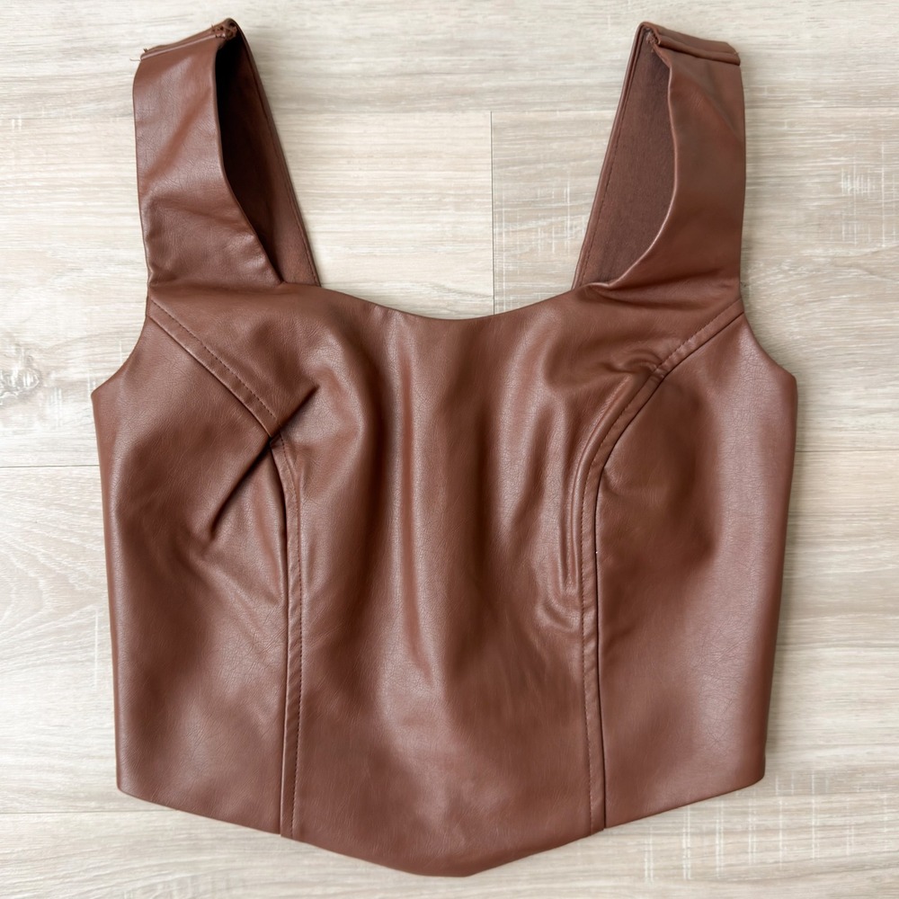Brown Faux Leather Corset Crop Top Fitted Zip Back Tank Bustier Y2K Top